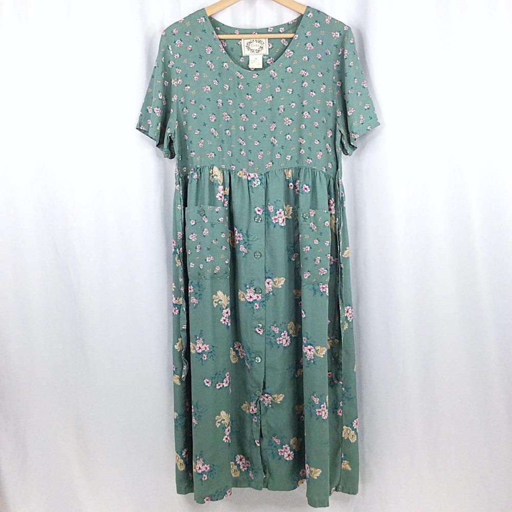Vintage Erika Floral Cottagecore Dress Women's Size Medium Sage green Pockets